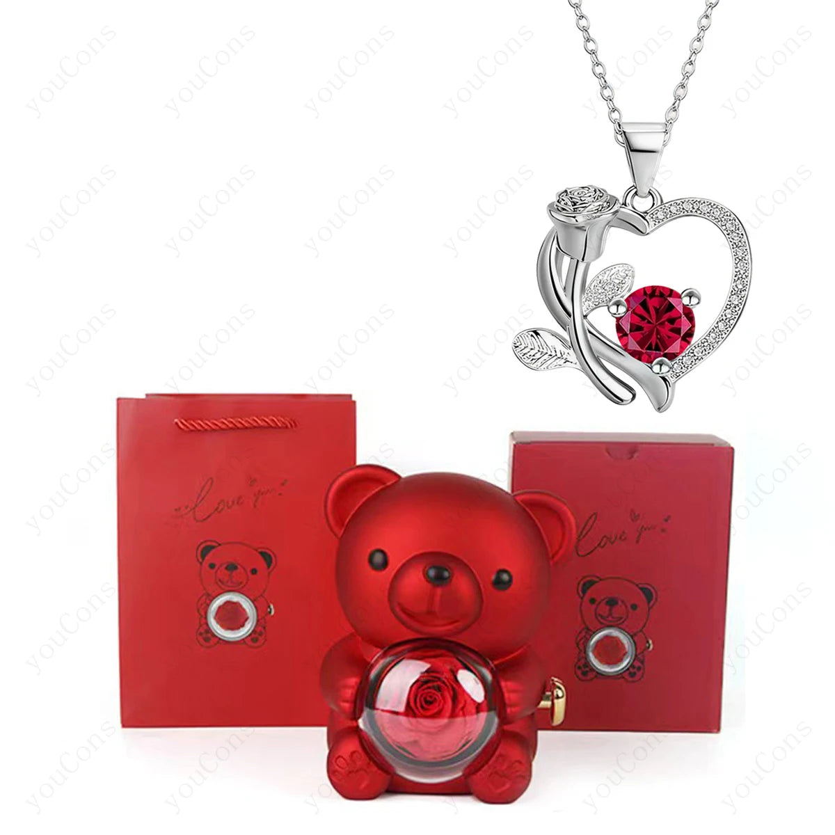 Orsacchiotto con Collana Cuore, Rosa e Brillante