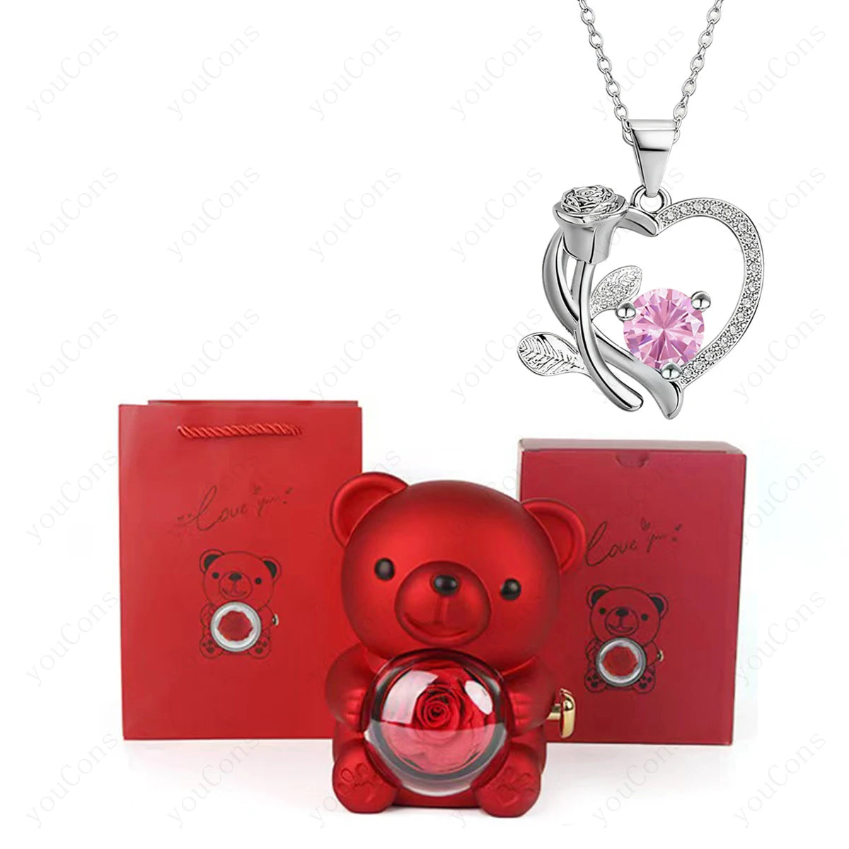 Orsacchiotto con Collana Cuore, Rosa e Brillante