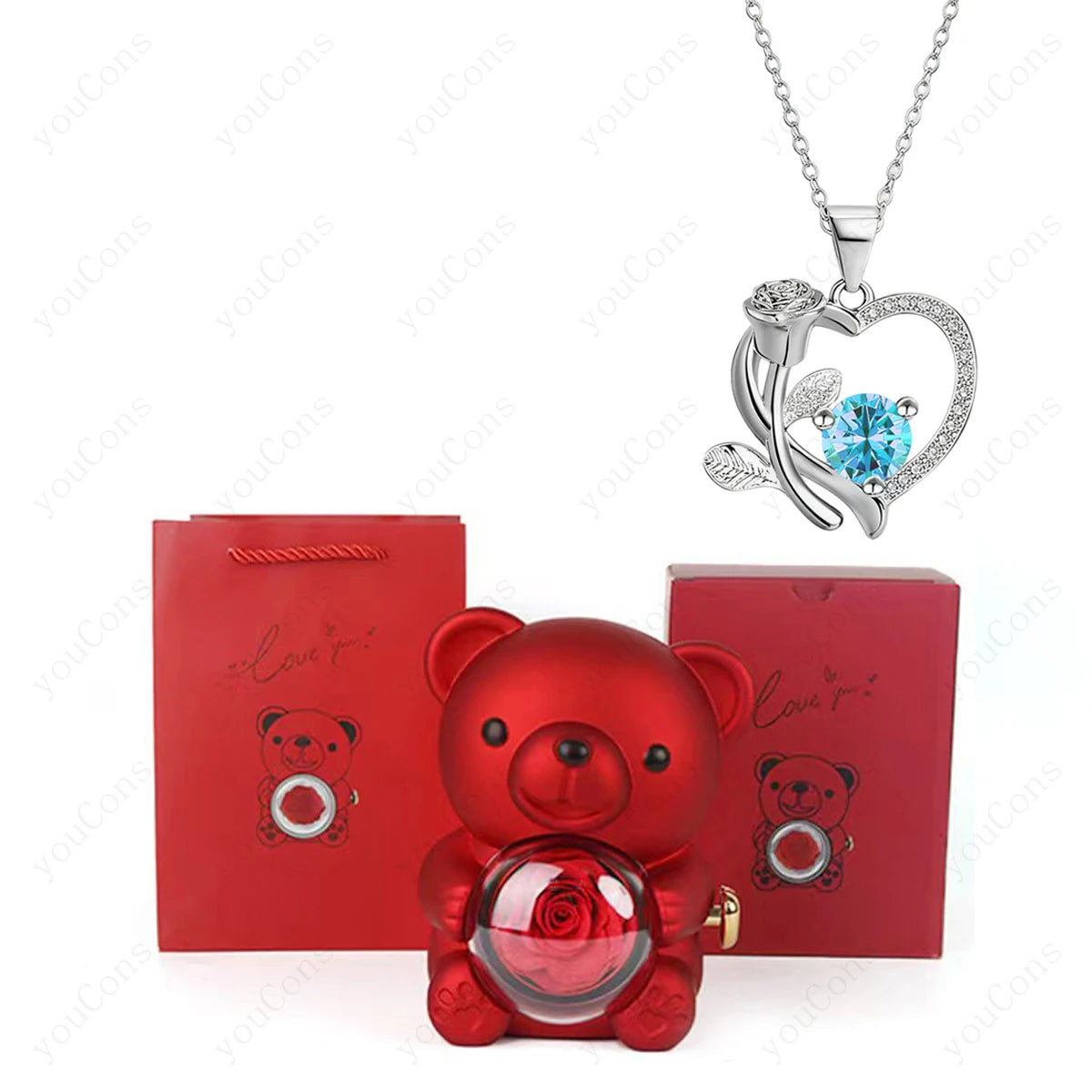 Orsacchiotto con Collana Cuore, Rosa e Brillante