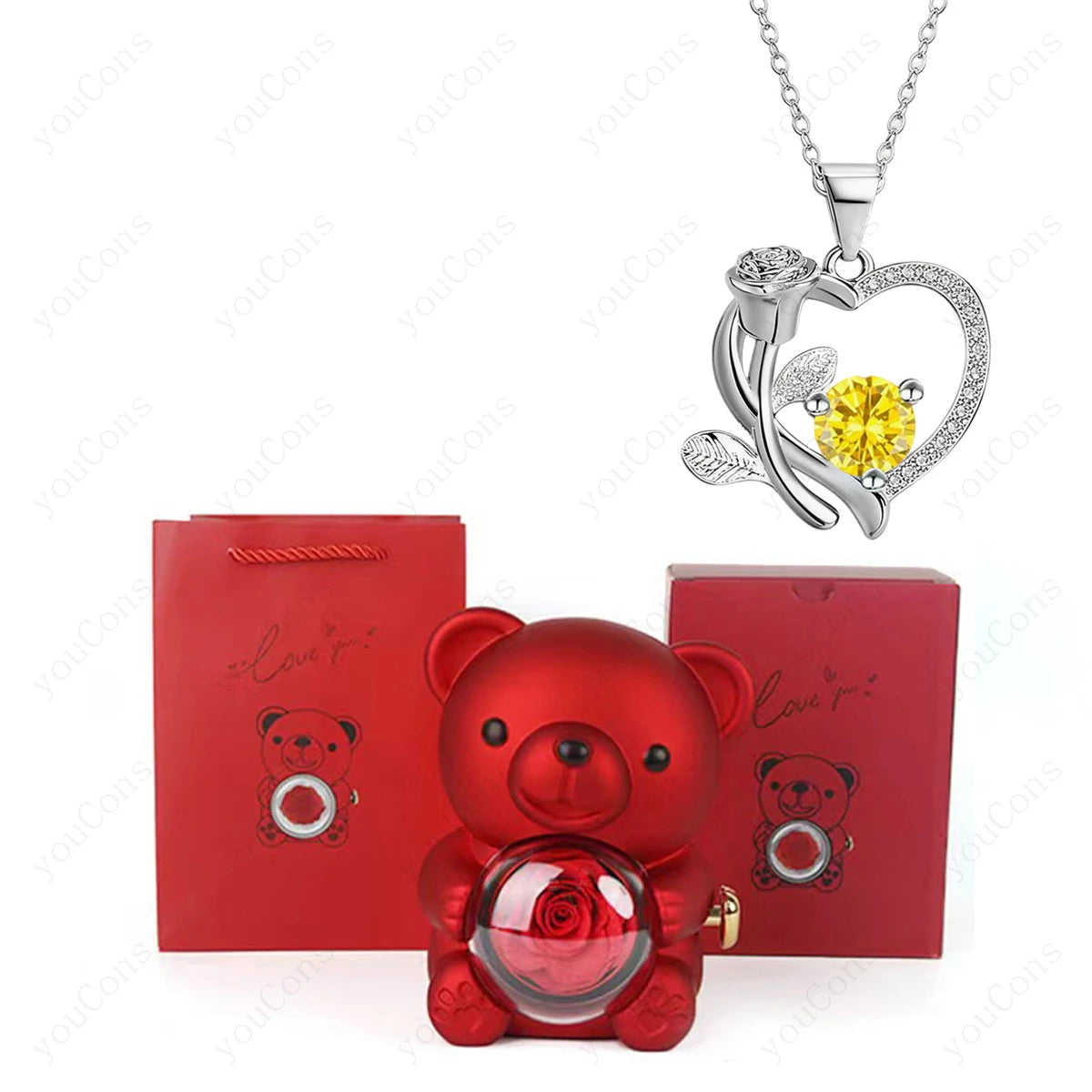 Orsacchiotto con Collana Cuore, Rosa e Brillante