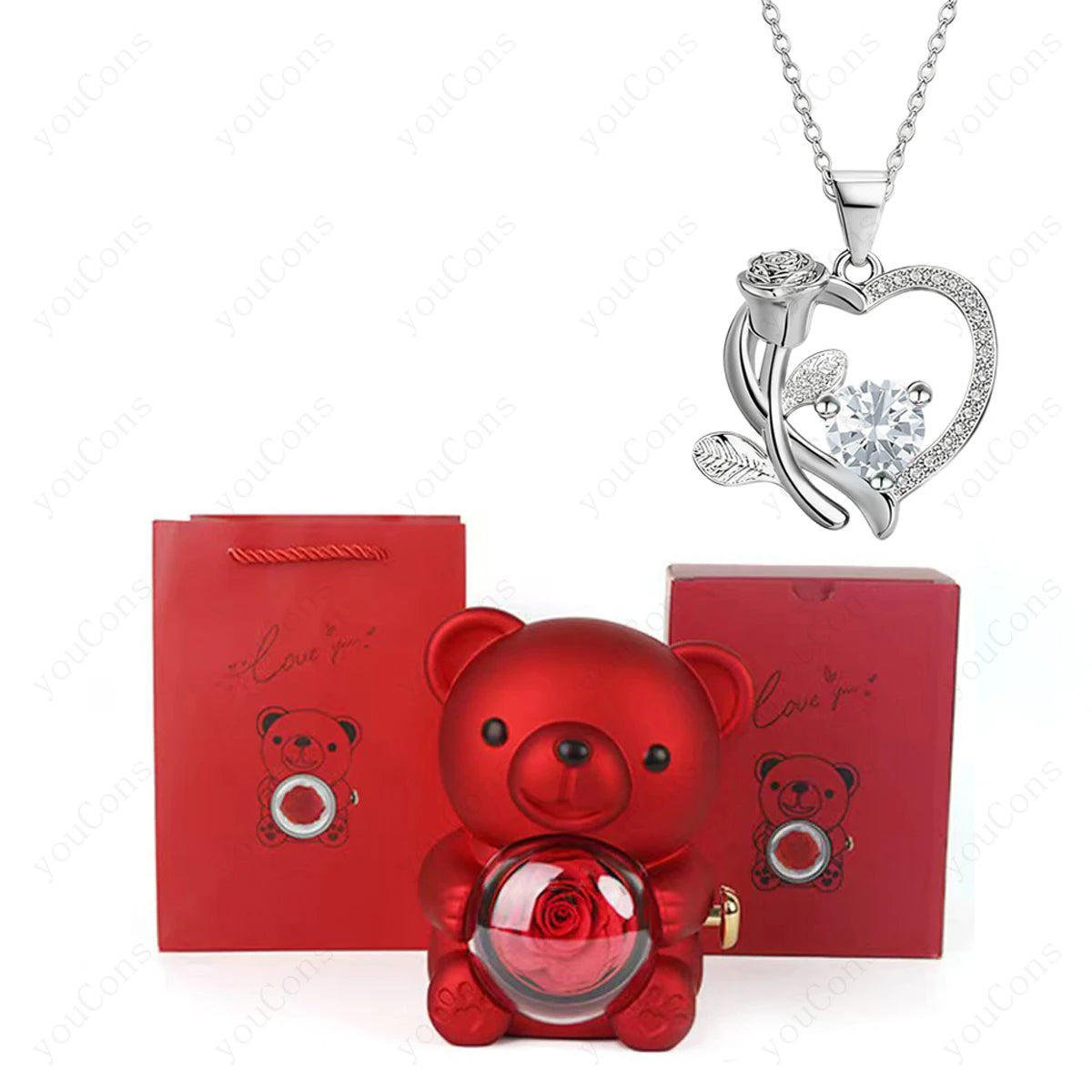 Orsacchiotto con Collana Cuore, Rosa e Brillante